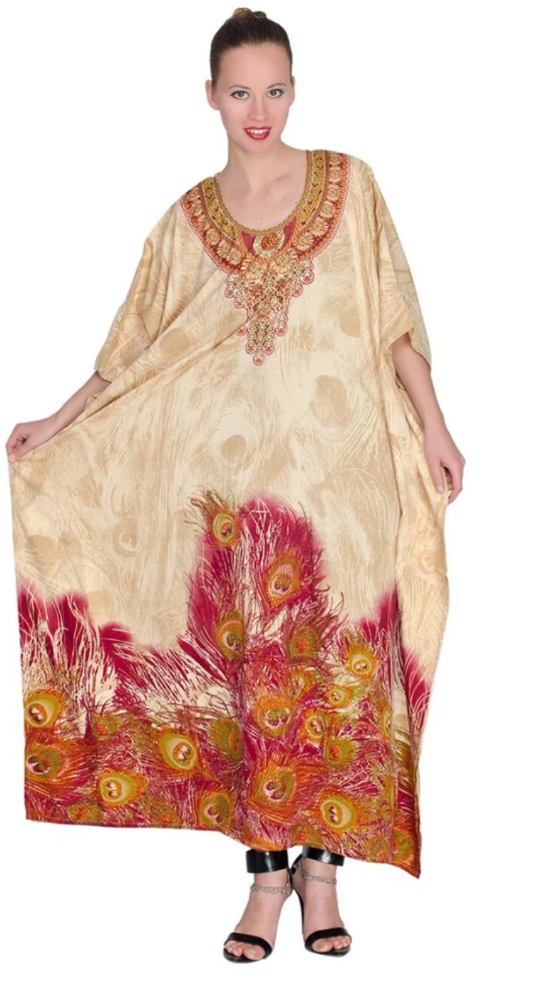 Cream Peacock Feather Polyester Plus Size Kaftan for Women 1X-3X | GypsieBlu
