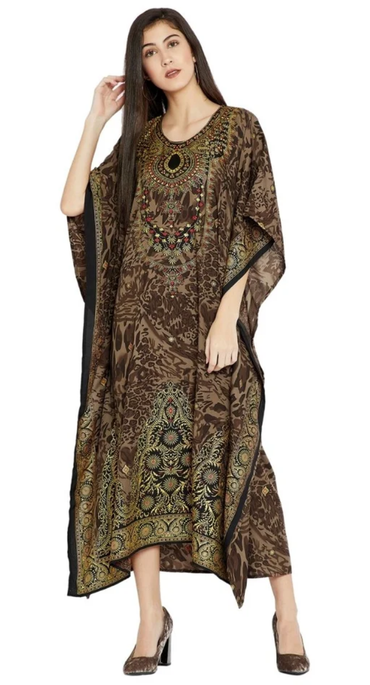 Brown Leopard Medallion Polyester Plus Size Kaftan for Women 1X-3X | GypsieBlu