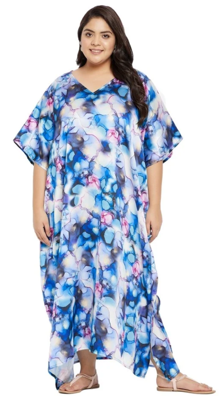 Blue Azure Dye Splash Polyester Plus Size Kaftan for Women 1X-3X | GypsieBlu