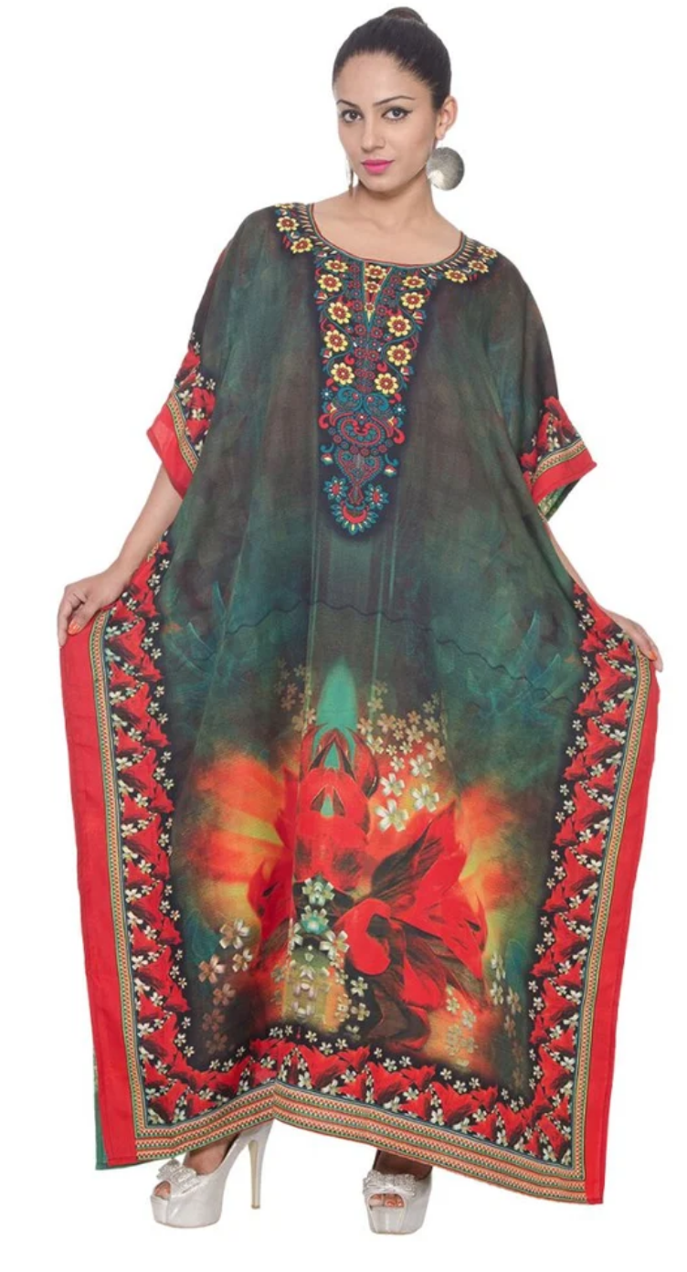 Floral Ombre Border Polyester Plus Size Kaftan for Women 1X-3X 3/4 Sleeve | GypsieBlu