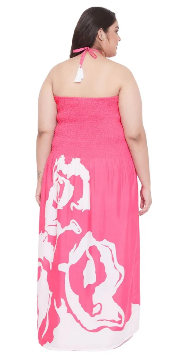Pink Rose-Print Maxi Polyester Tube Dress for Women S-XL Sleeveless Halter Neck | GypsieBlu