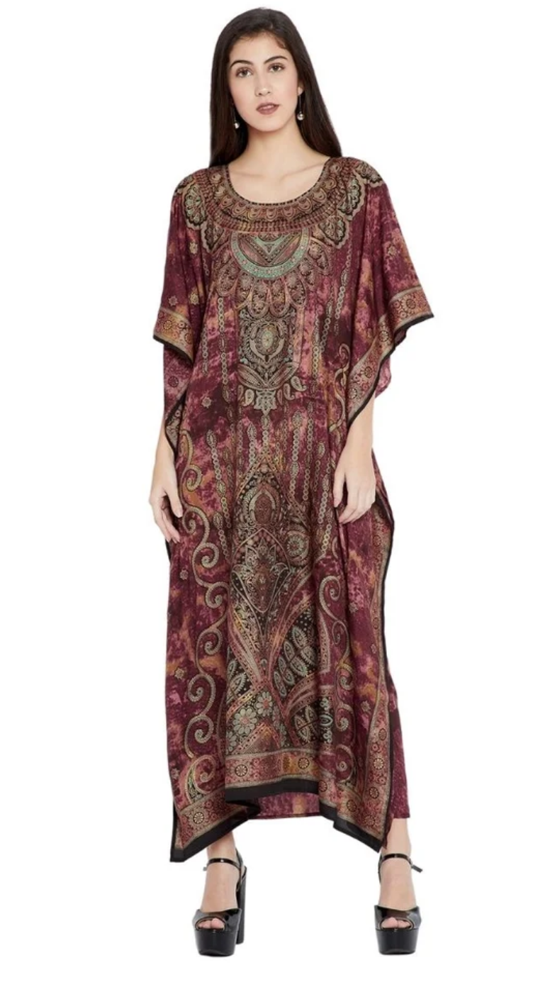 Maroon Paisley Medallion Polyester Plus Size Kaftan for Women 1X-3X | GypsieBlu