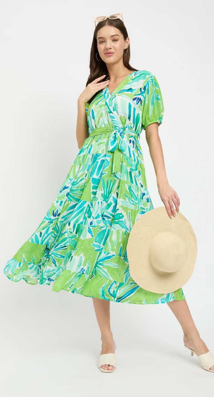 Green Leaf Rayon Midi Dress for Women S-XL | GypsieBlu