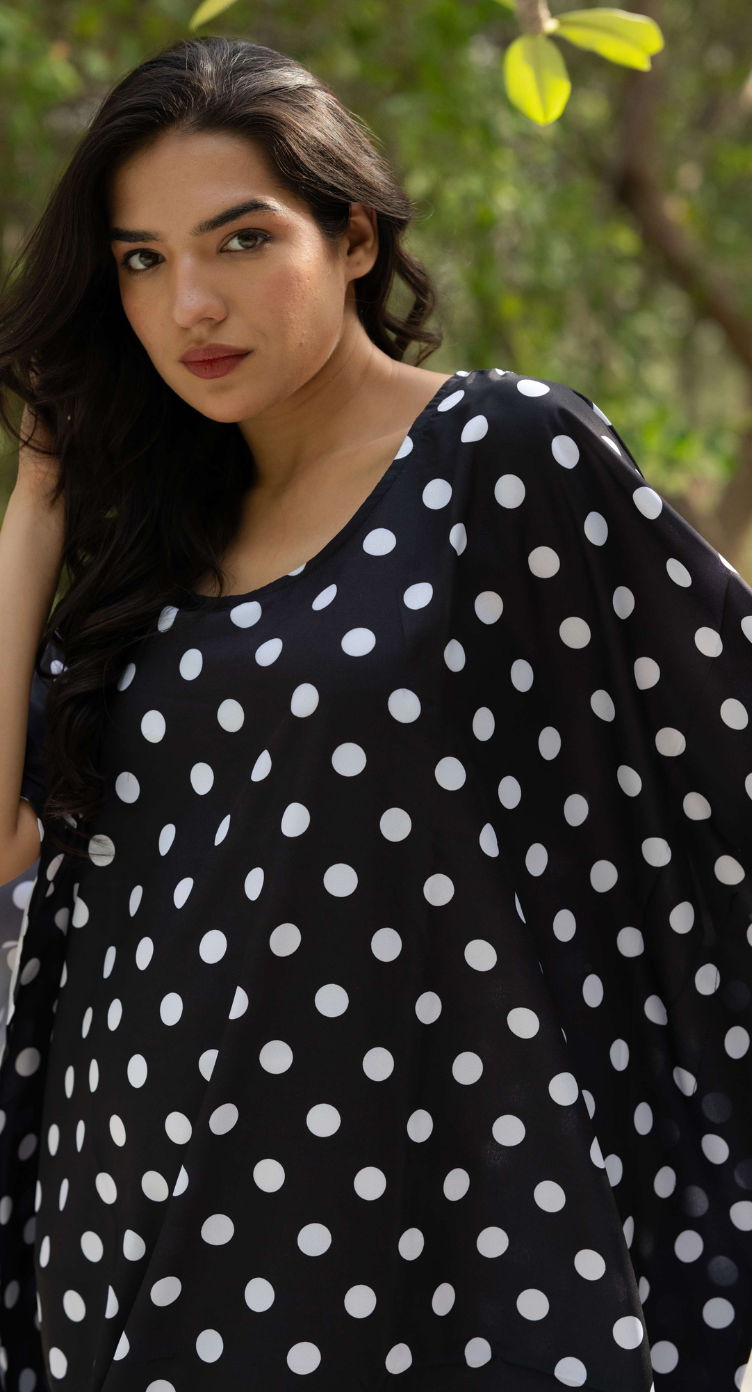 Black Polka Dot Polyester Women Plus Size Kaftan Evening Dress