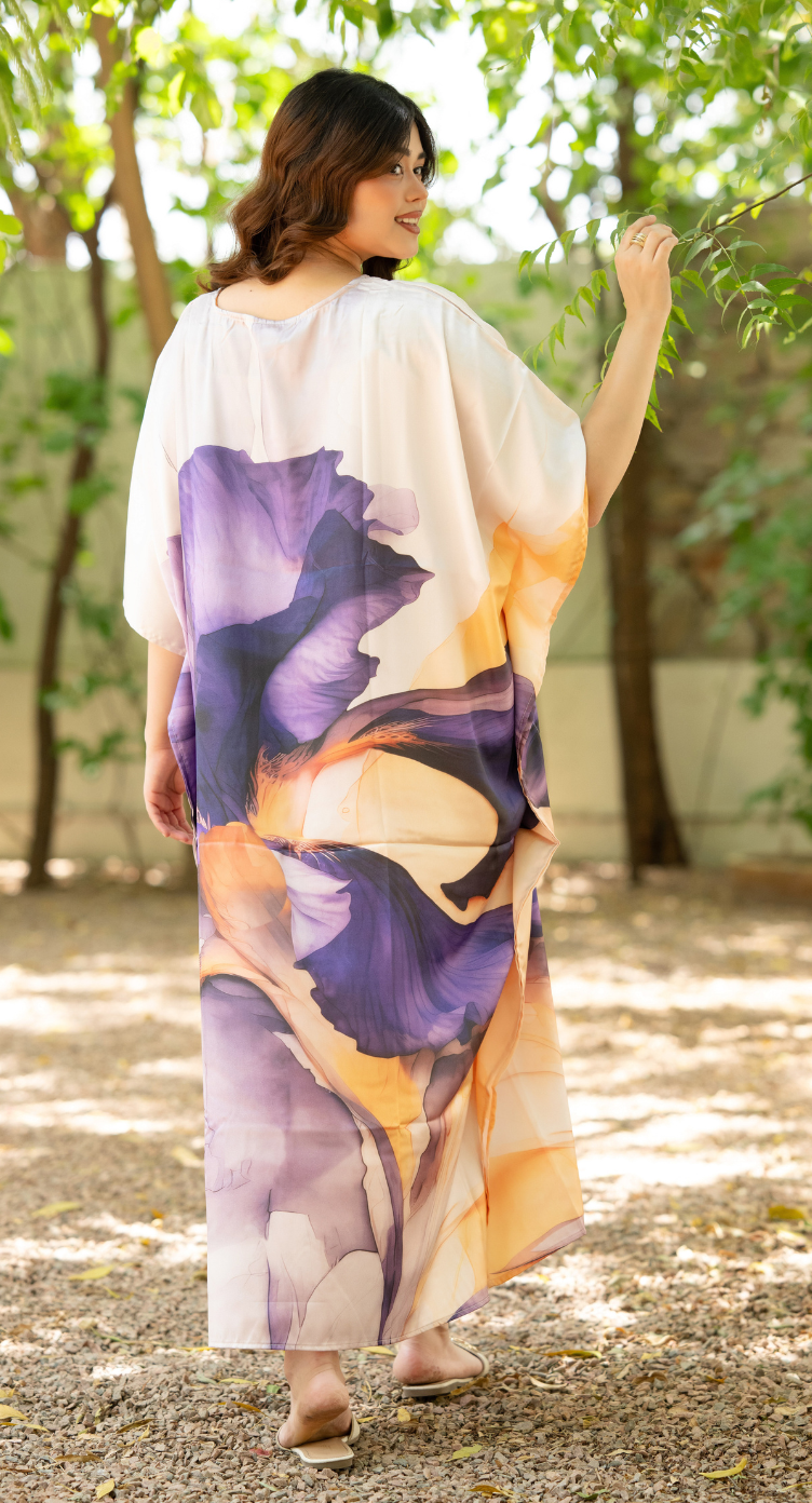 Floral Print Lavender Satin Women Plus Size Kaftan Resort Dress