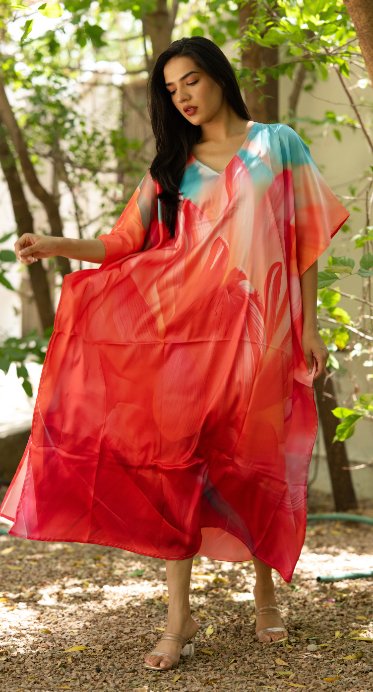 Abstract Coral Red Satin Silk Women Plus Size Kaftan Party Dress - SKU KAF152-1048 - Gypsie Blu