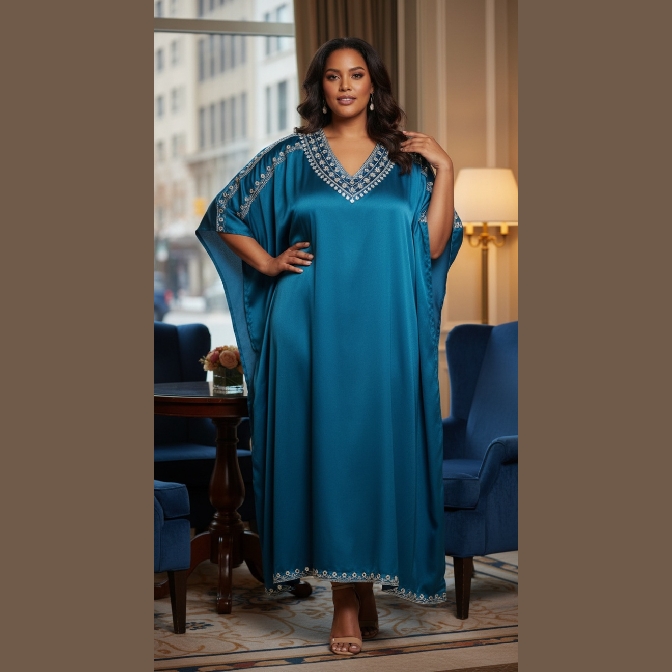 Corsair Blue With Embroidery Lace Satin Katan For Plus Size Women - SKU EKFT-1001-CSBL - Gypsie Blu