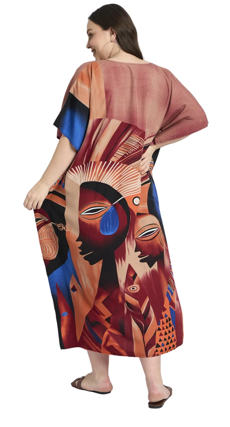Light Brown Cubist Face Polyester Plus Size Kaftan for Women 1X-3X | GypsieBlu