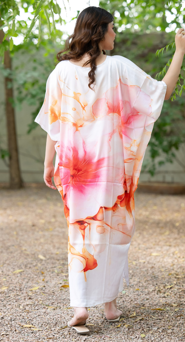 Floral Light Pink Satin Silk Women Plus Size Kaftan Lounge Dress