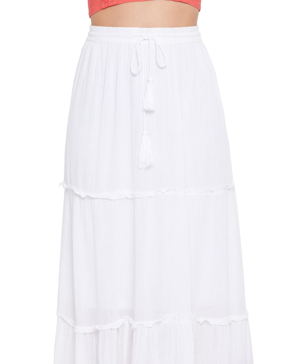 Solid White Rayon Casual Long Skirt For Women