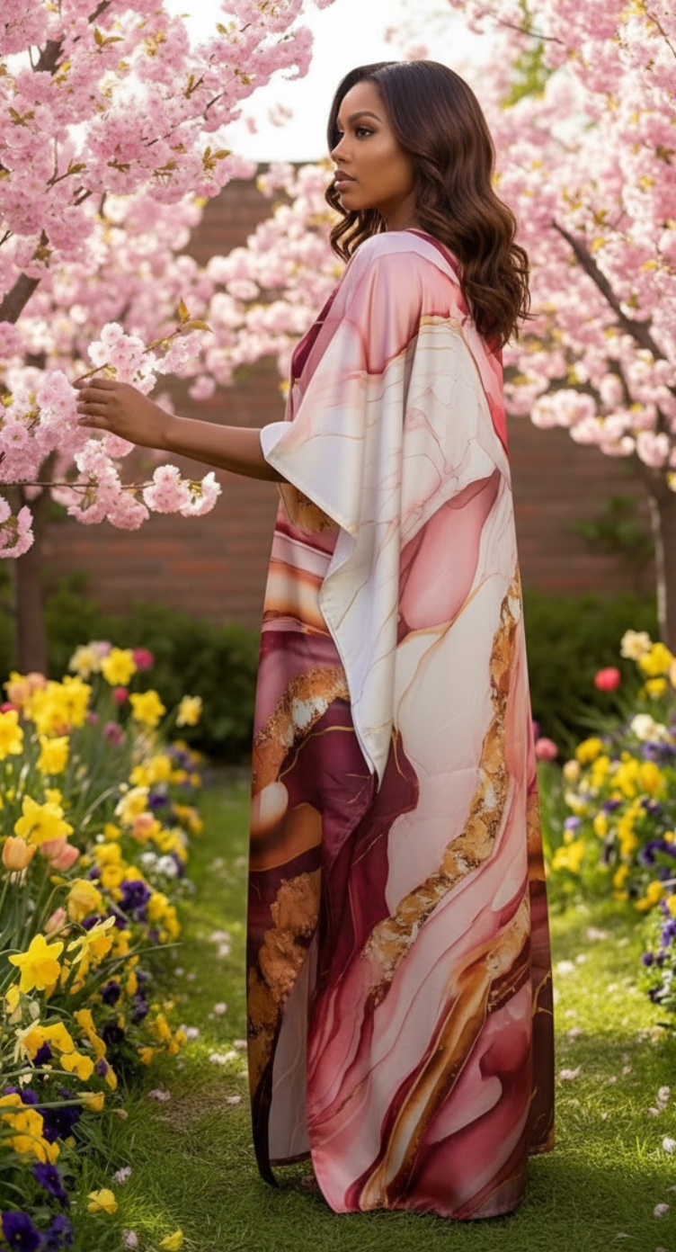 Textured Print Pink V Neck Kaftan Dress for Women Plus Size