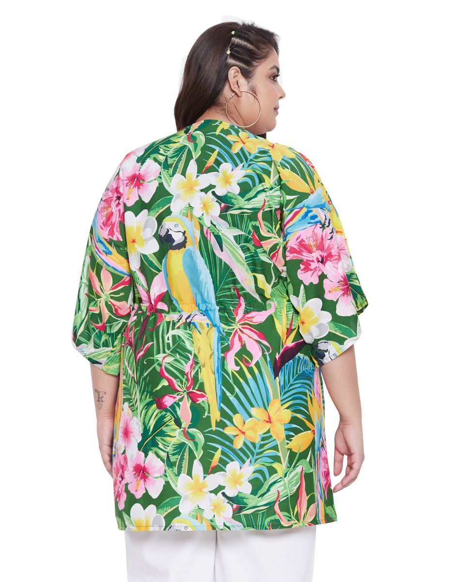 Floral Printed Green Polyester Robe Dress For Plus Size Women