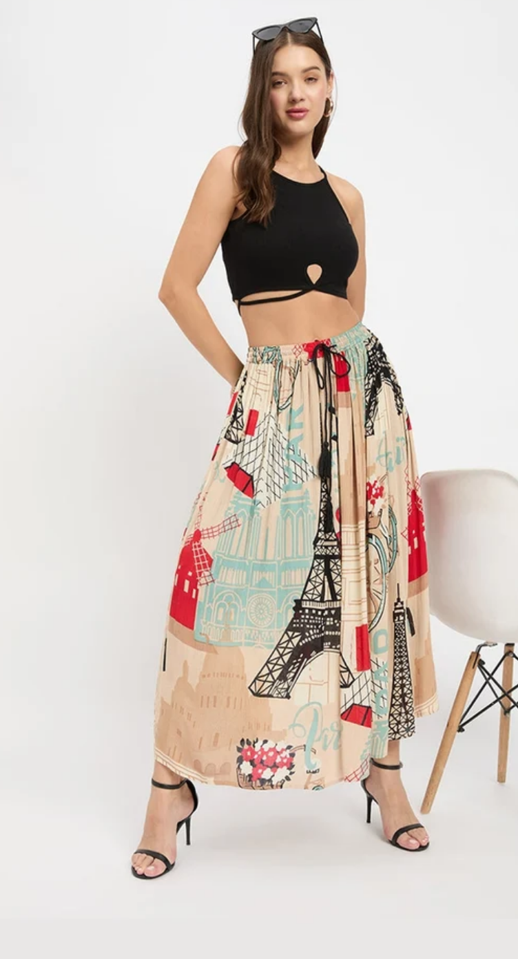 Beige Eiffel Tower Rayon Skirt for Women S-XL | GypsieBlu