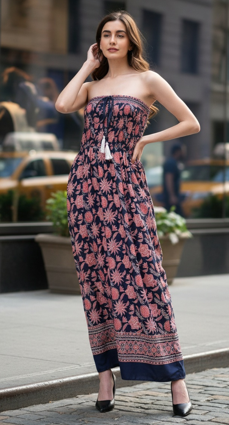 Floral Printed Polyester Pink Tube Dress for Women