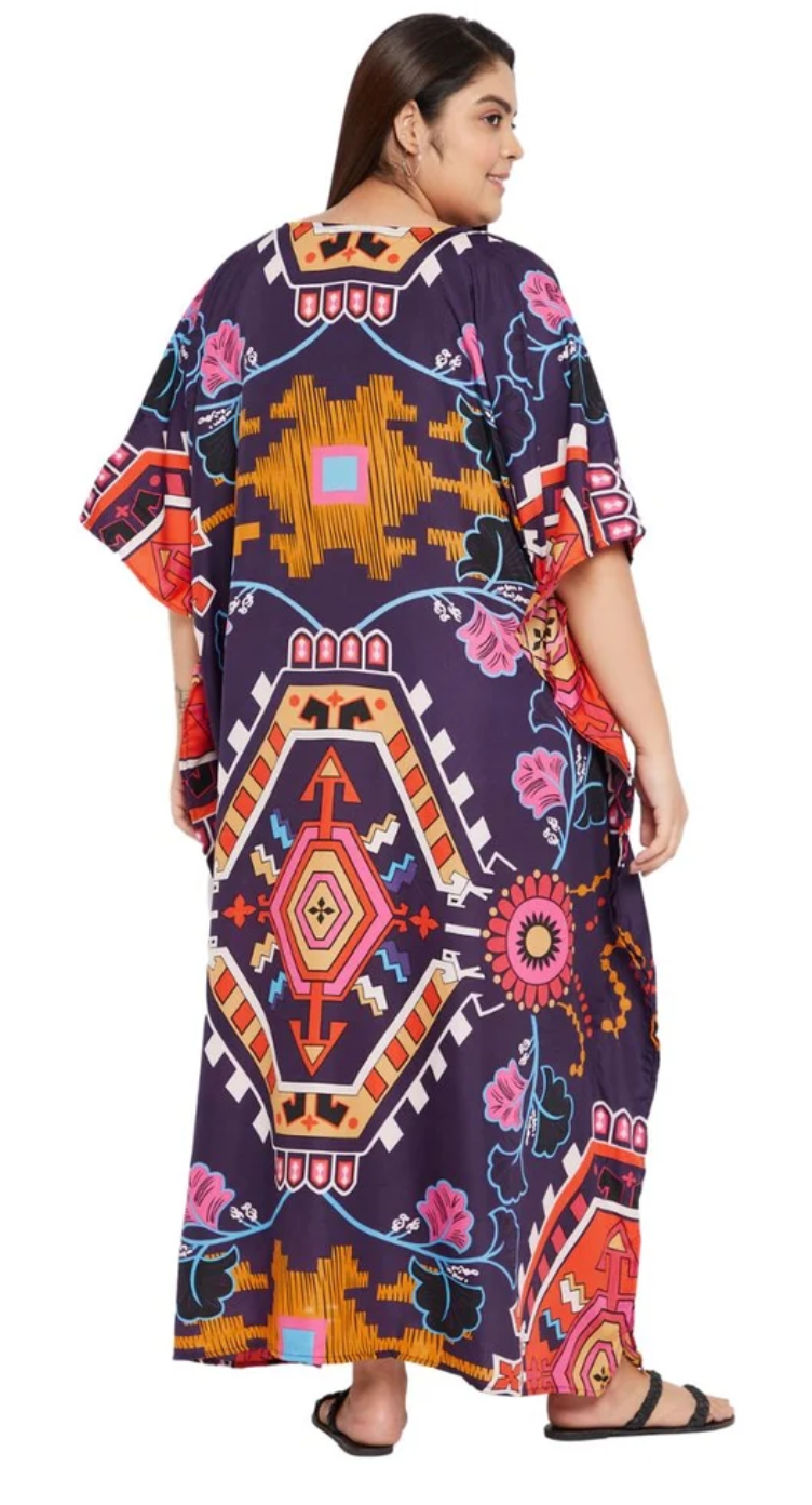 Multicolor Aztec Tribal Medallion Polyester Plus Size Kaftan for Women 1X-3X | GypsieBlu