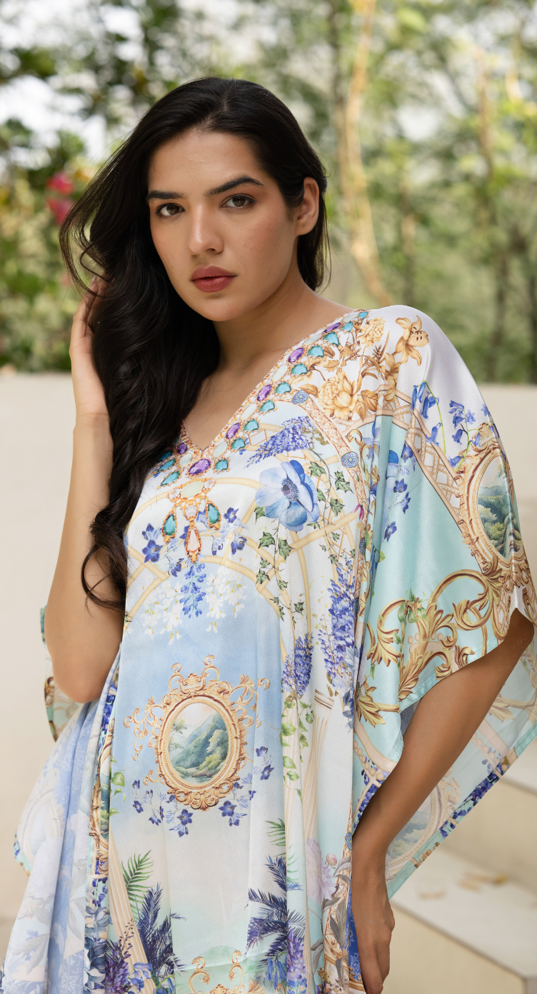 Cream Floral Satin Women Plus Size Kaftan Elegant Dress - SKU KAF152-1090 - Gypsie Blu