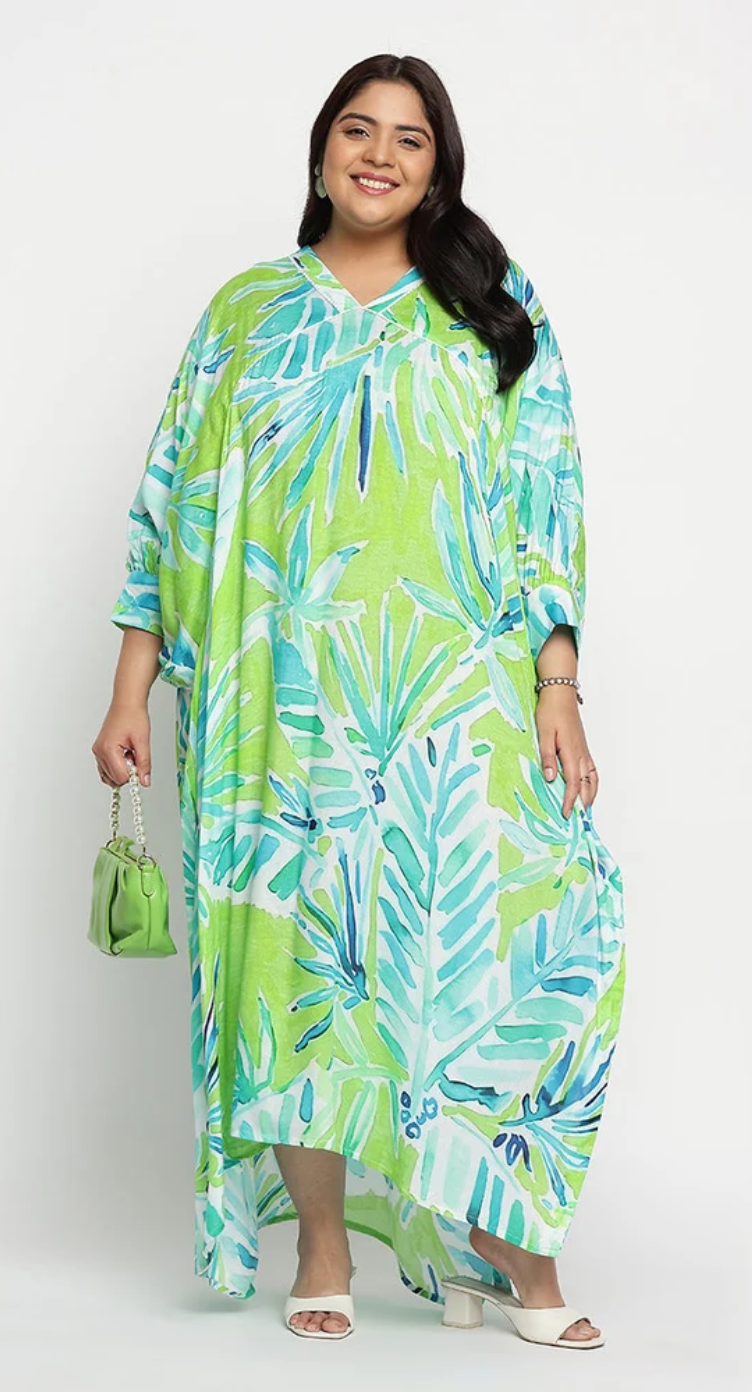 Green Watercolor Palm Rayon Plus Size Kaftan for Women 1X-3X | GypsieBlu