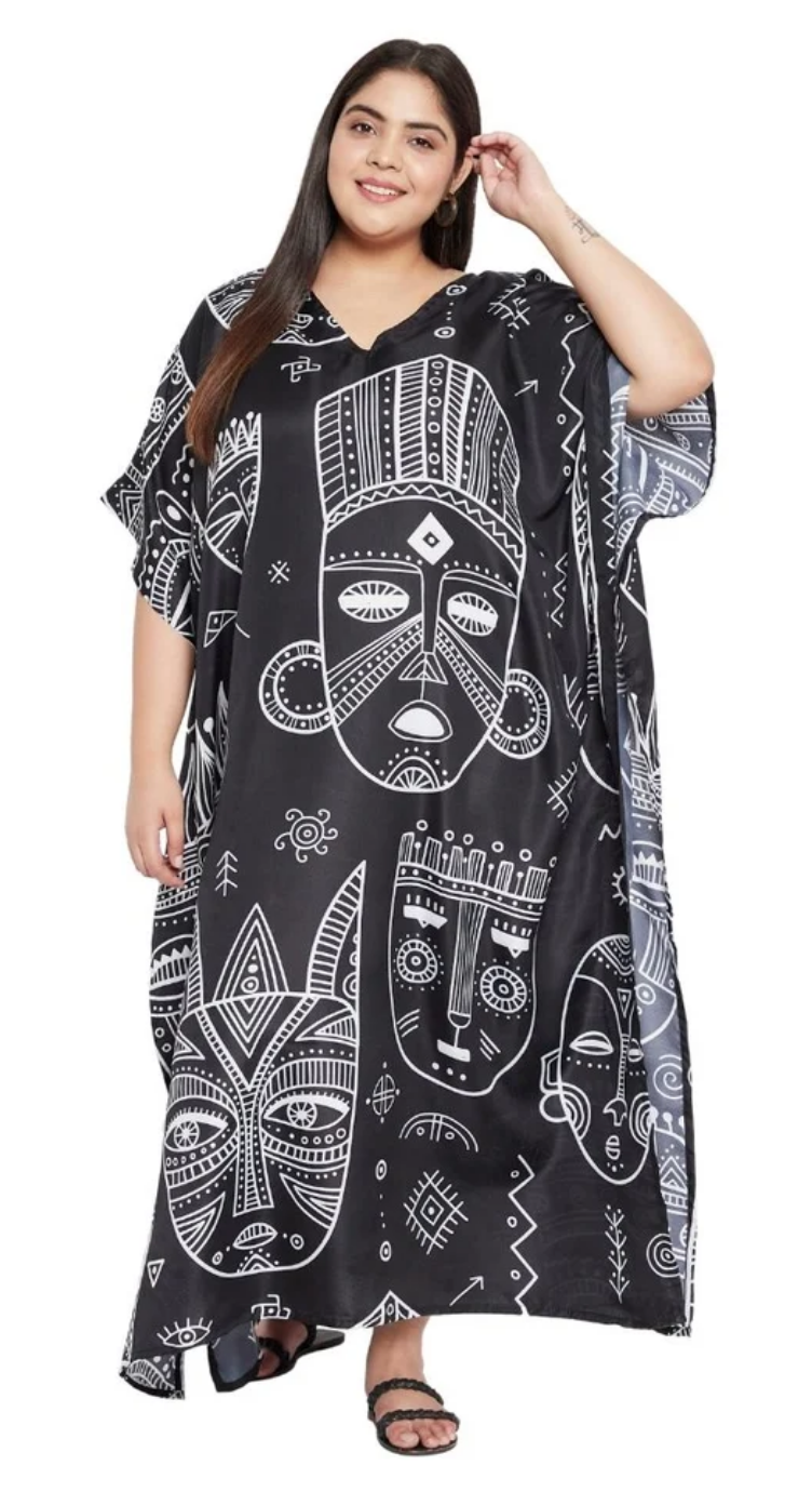 Black Tribal Mask Line Art Polyester Plus Size Kaftan for Women 1X-3X V Neck | GypsieBlu