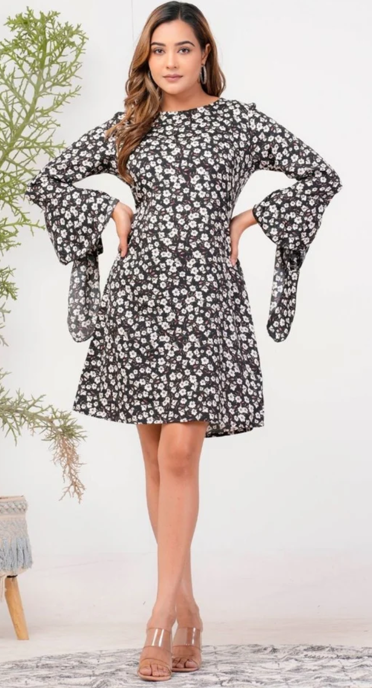 Black & White Floral Polyester Dress for Women S-XL Long Sleeve | GypsieBlu