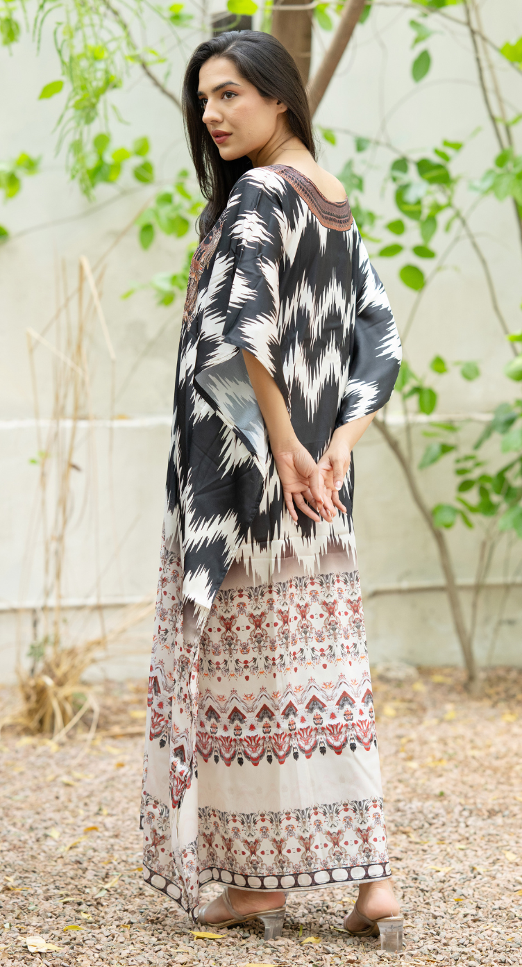 Black Cream Ikat Satin Women Plus Size Kaftan Brunch Dress