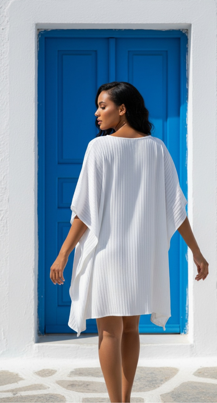 White Pleated V-Neck Short Kaftan Oversize Tunic Dress Summer Cover Up