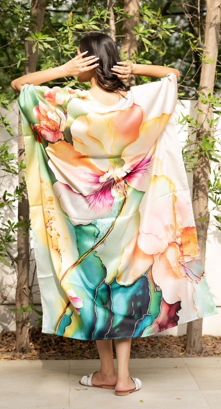 Floral Abstract Satin Silk Women Plus Size Kaftan Resort Dress