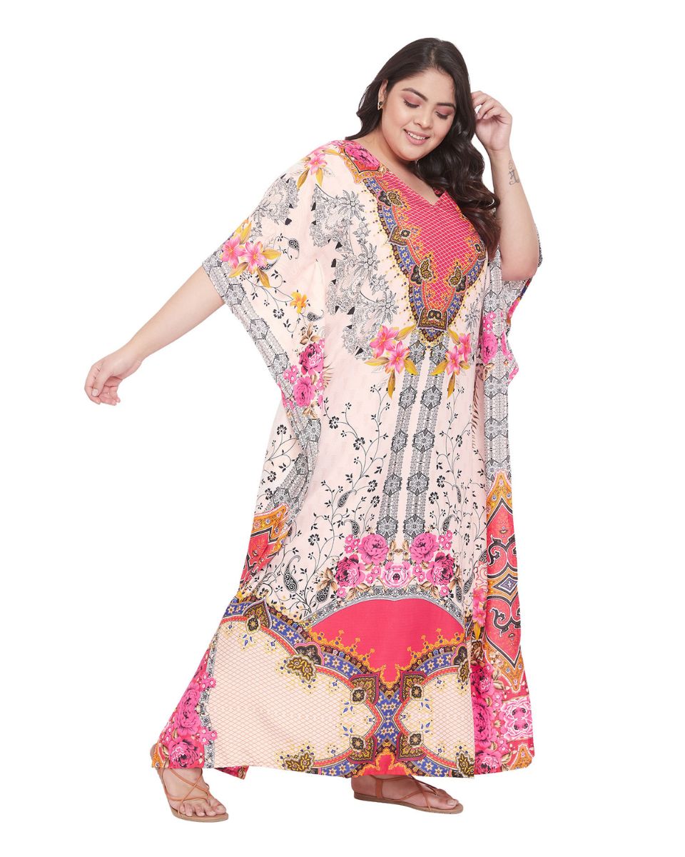 Floral Printed Pink Polyester Plus Size Kaftan Dress For Women