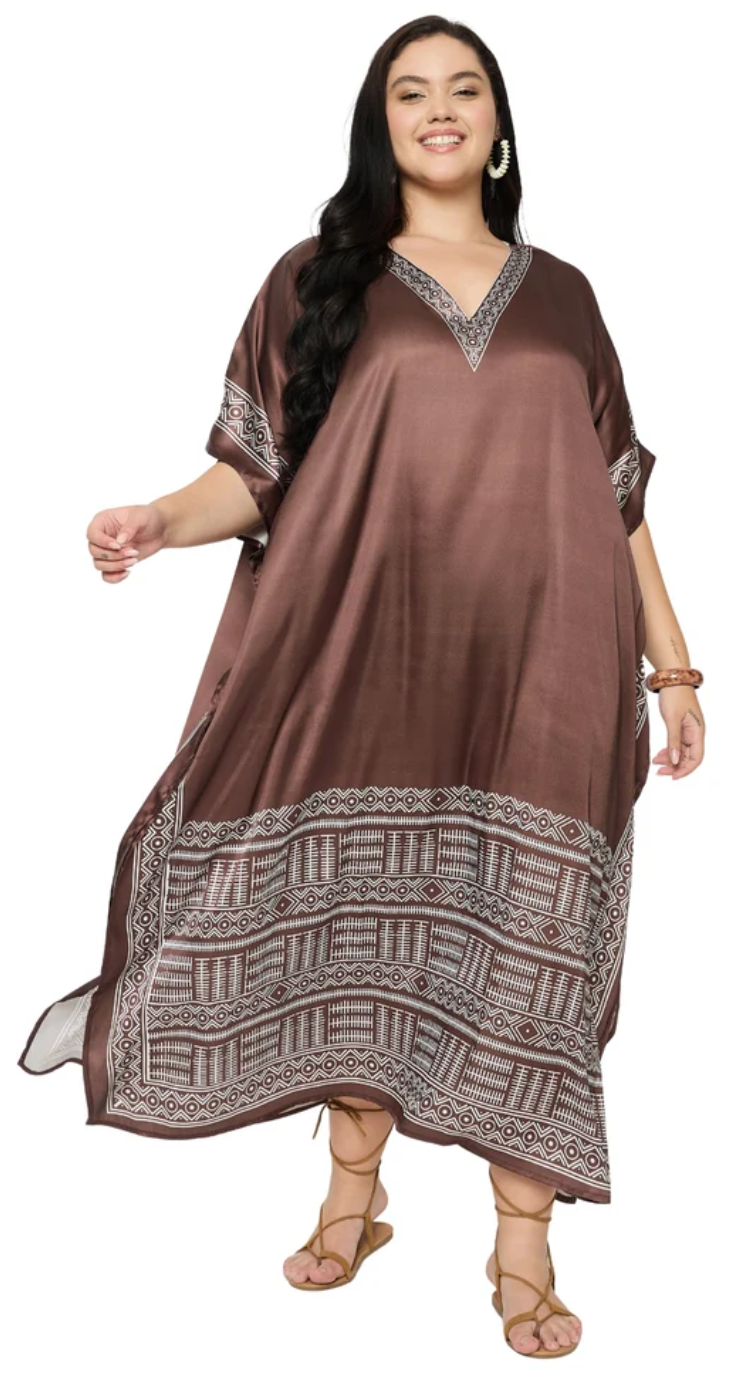 Brown Tribal Satin Plus Size Kaftan Dress for Women 1X-3X | GypsieBlu
