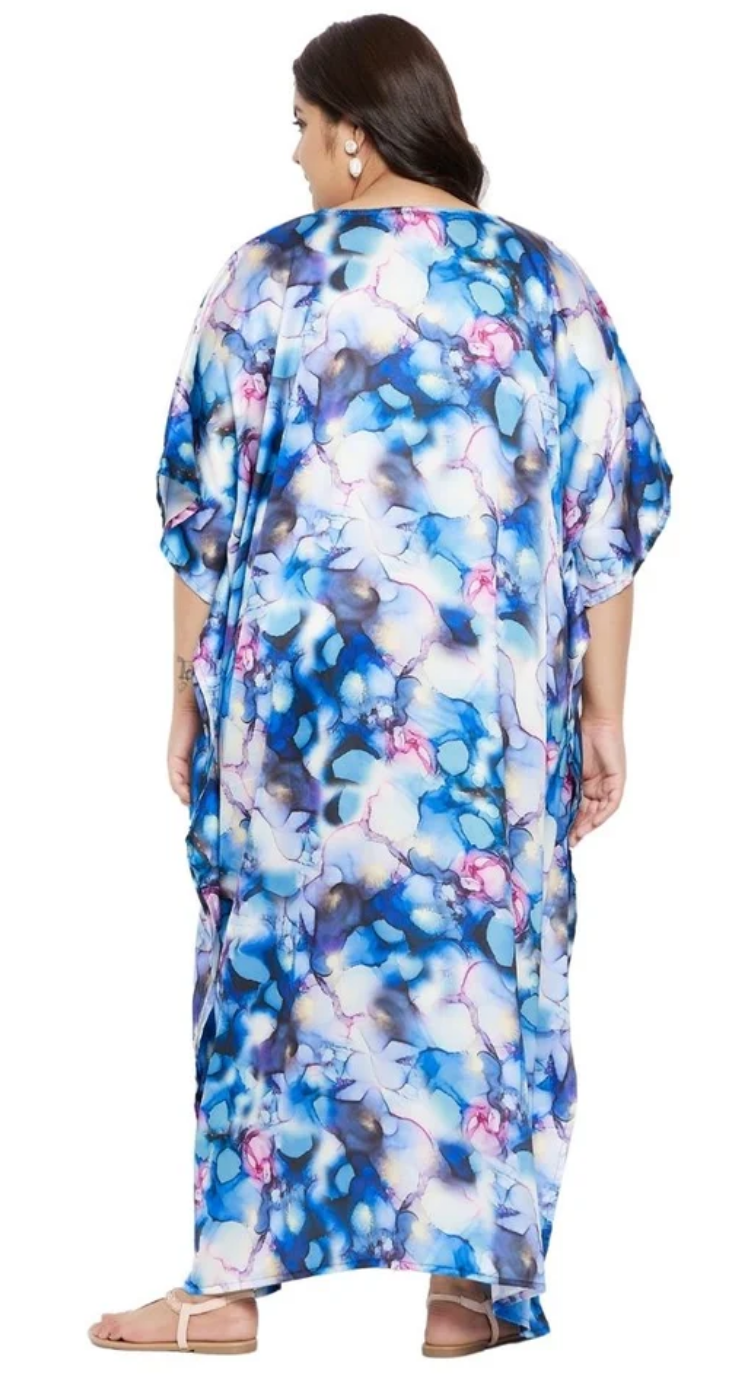 Blue Azure Dye Splash Polyester Plus Size Kaftan for Women 1X-3X | GypsieBlu