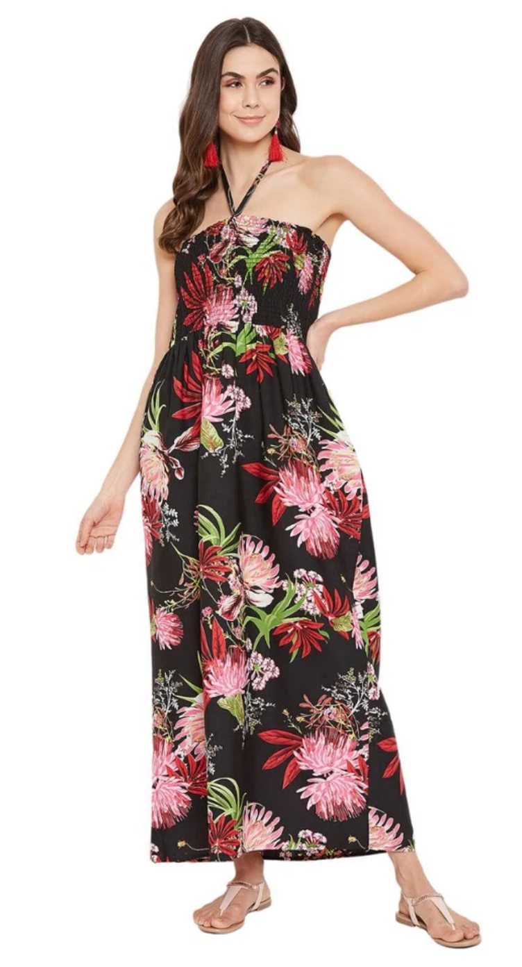 Black Floral Polyester Maxi Tube Dress for Women S-XL Sleeveless | GypsieBlu