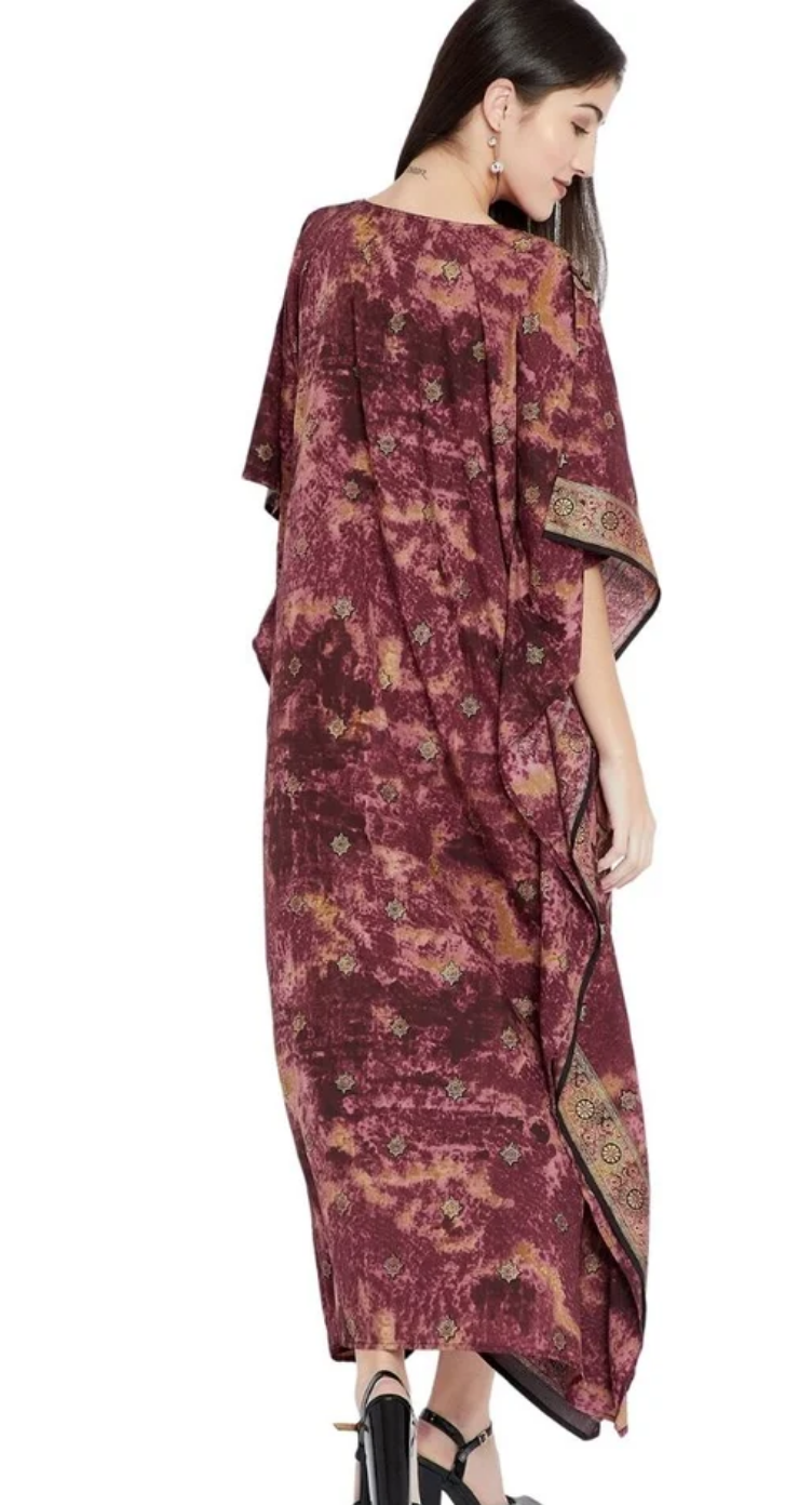 Maroon Paisley Medallion Polyester Plus Size Kaftan for Women 1X-3X | GypsieBlu