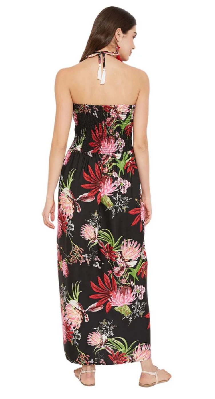 Black Floral Polyester Maxi Tube Dress for Women S-XL Sleeveless | GypsieBlu