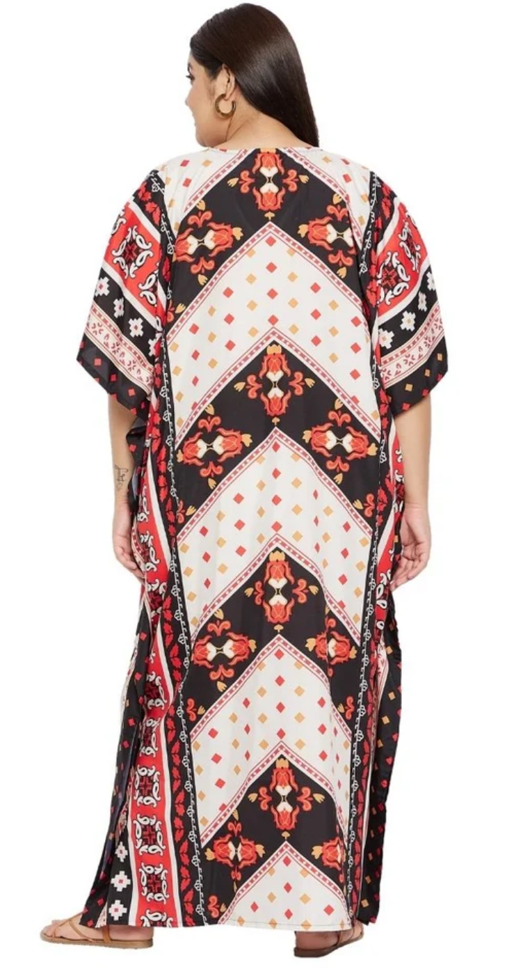 Red Ikat Chevron Polyester Plus Size Kaftan for Women 1X-3X | GypsieBlu