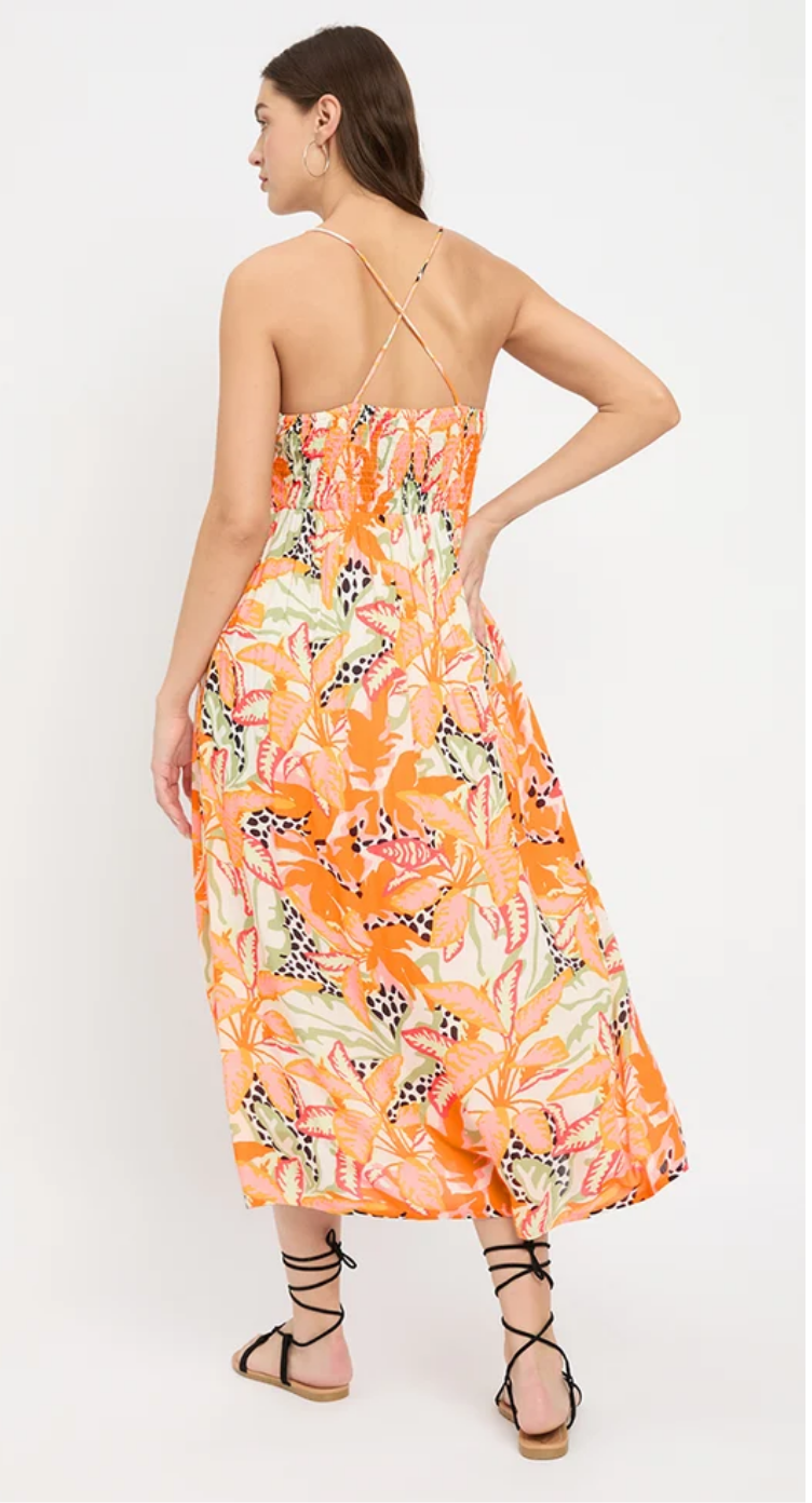 Orange Tropical Rayon Midi Dress for Women S-XL | GypsieBlu
