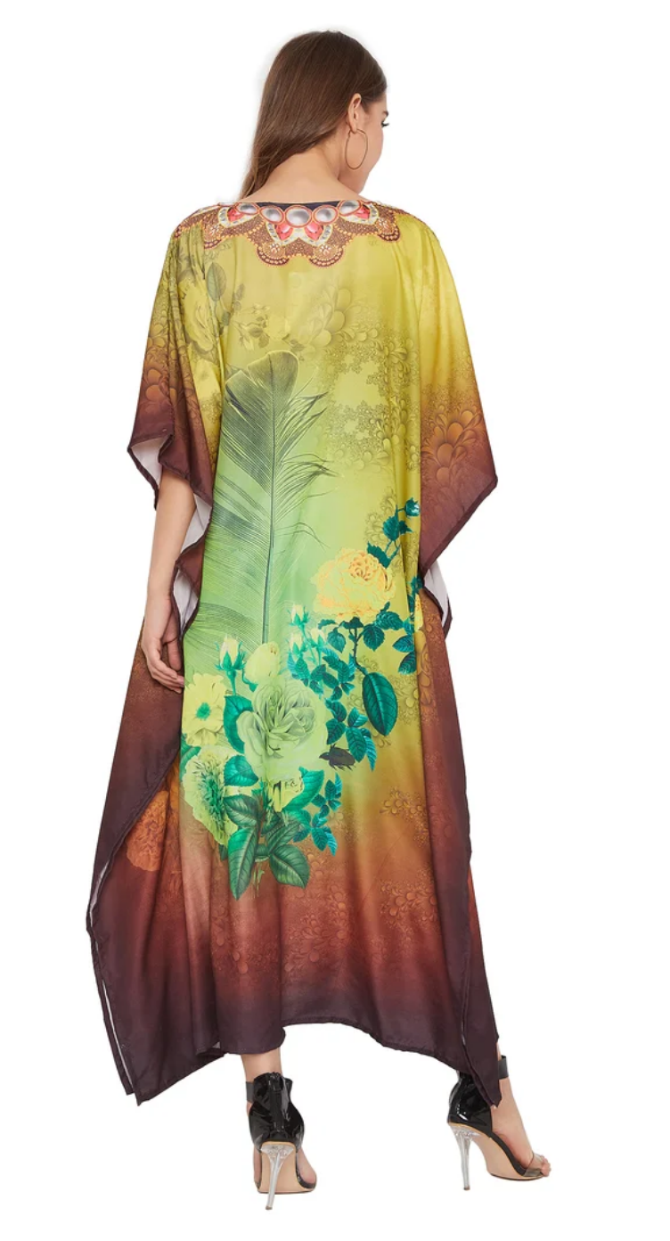 Brown Floral Polyester Plus Size Kaftan Dress for Women 1X-3X | GypsieBlu