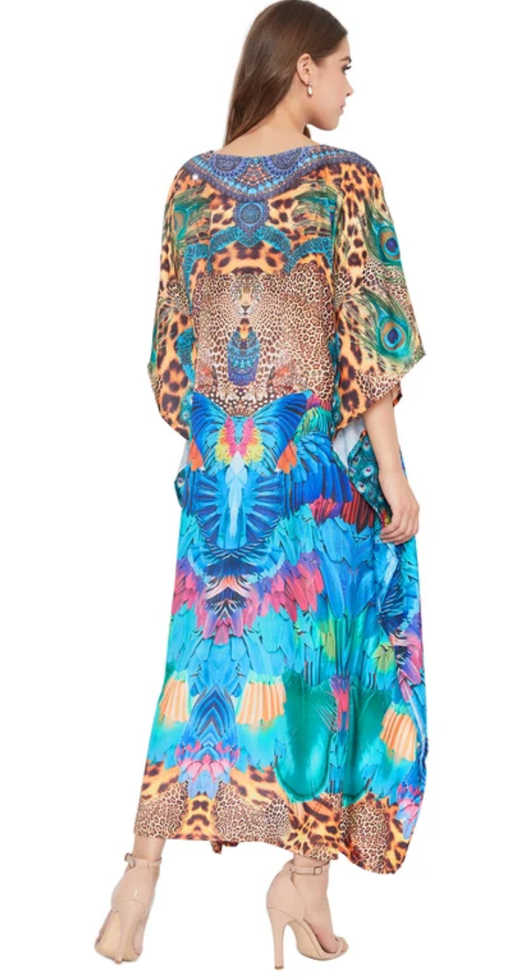 Multicolor Leopard Butterfly Polyester Plus Size Kaftan Dress for Women 1X-3X | GypsieBlu