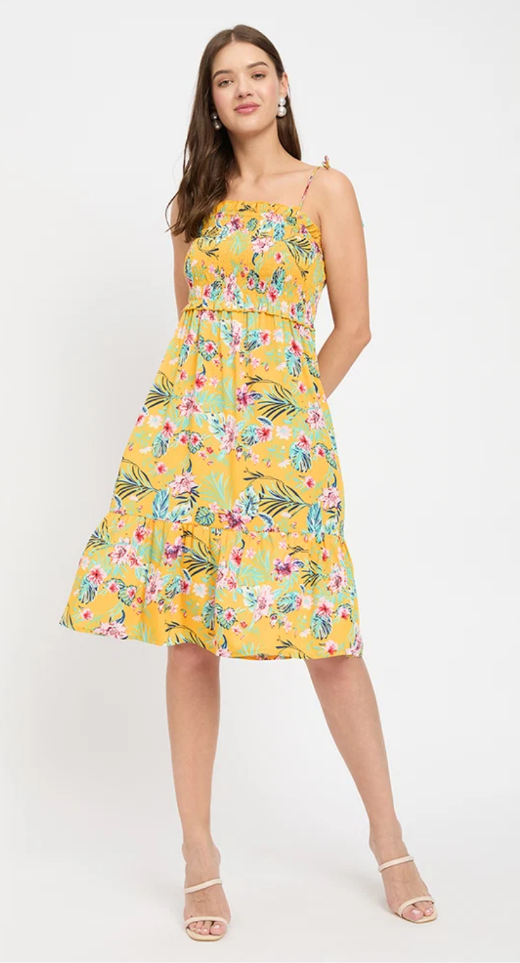Yellow Floral Polyester Midi Dress for Women S-XL | GypsieBlu