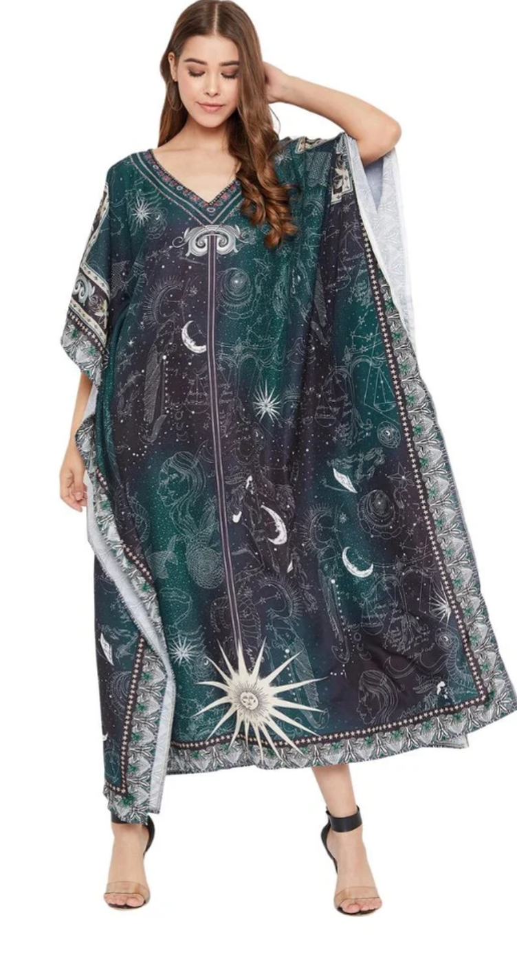 Pine Green Zodiac Polyester Plus Size Kaftan Dress for Women 1X-3X | GypsieBlu