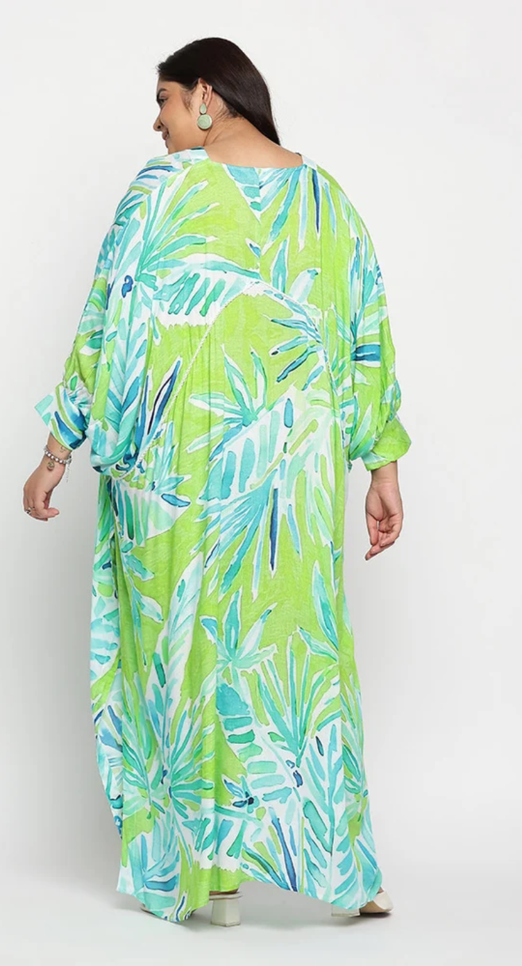 Green Watercolor Palm Rayon Plus Size Kaftan for Women 1X-3X | GypsieBlu