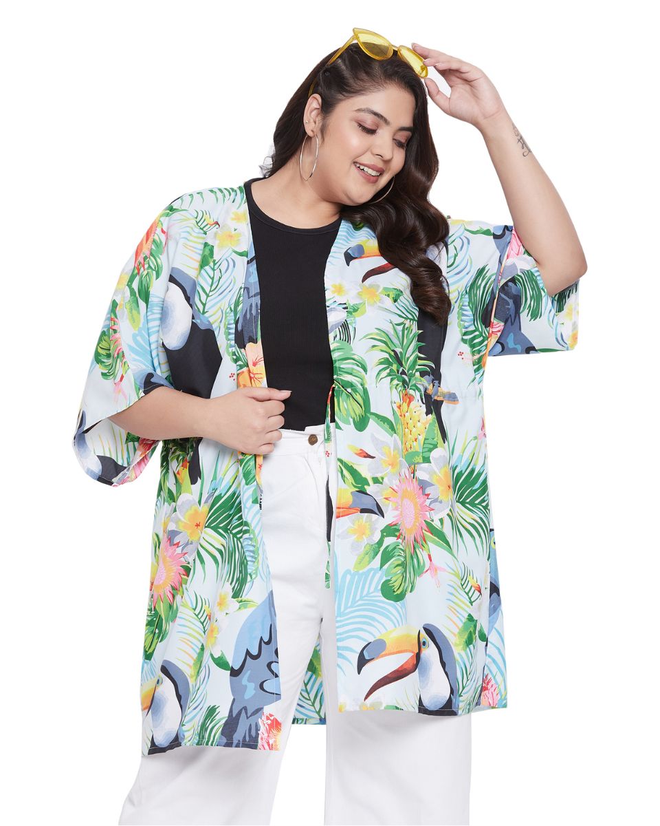 Floral Printed Blue Polyester Cover Up For Plus Size Women