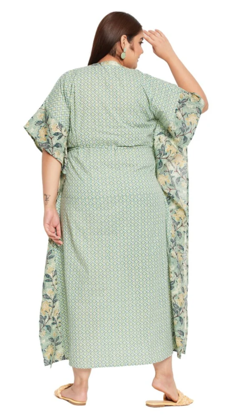 GypsieBlu Green Floral Plus Size Cotton Kaftan Dress for Women 3/4 Sleeve 1X-3X