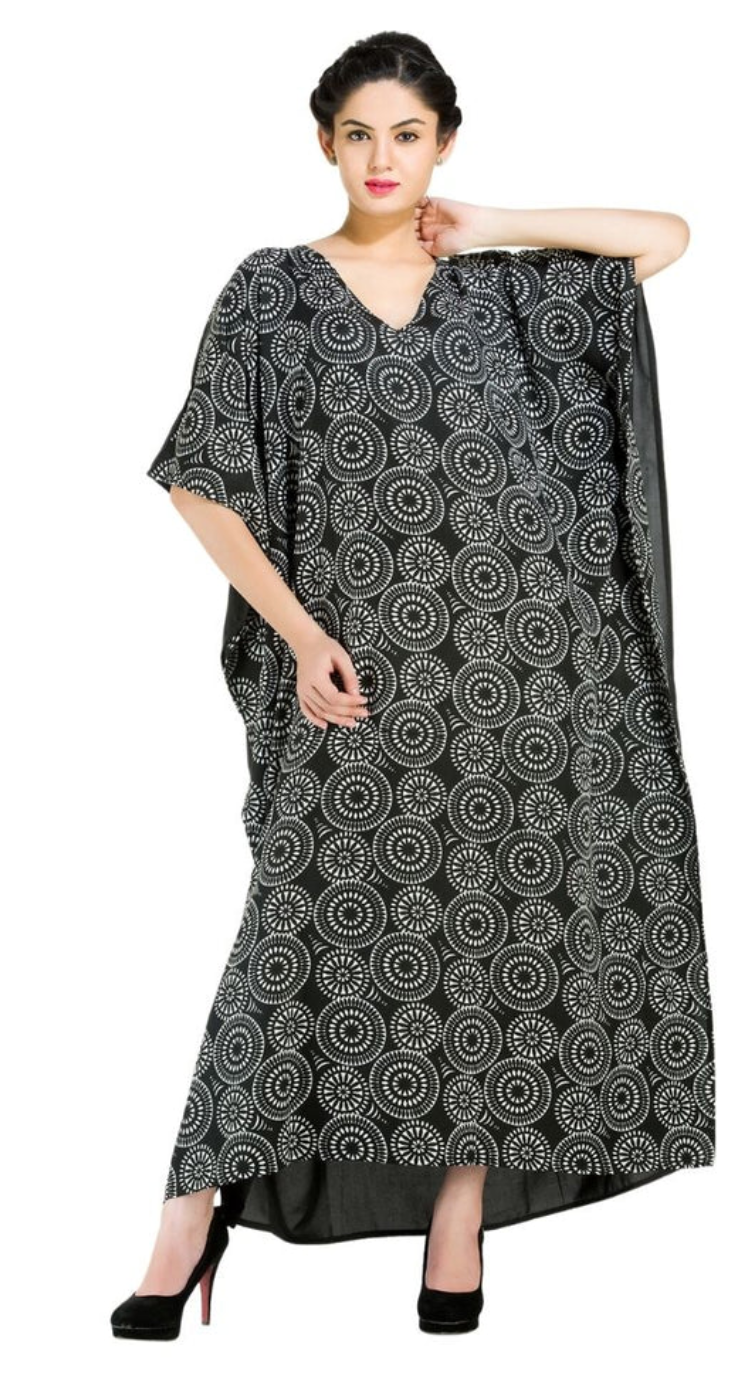 GypsieBlu Black & White Polyester Plus Size Kaftan for Women Kimono Sleeve 1X-3X - Mandala Dot Circle Print