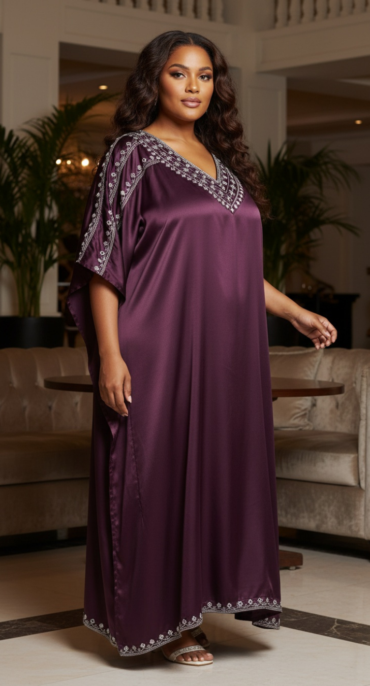 Kaftan Plus Size Solid With Embroidery Lace Wine Satin For Women