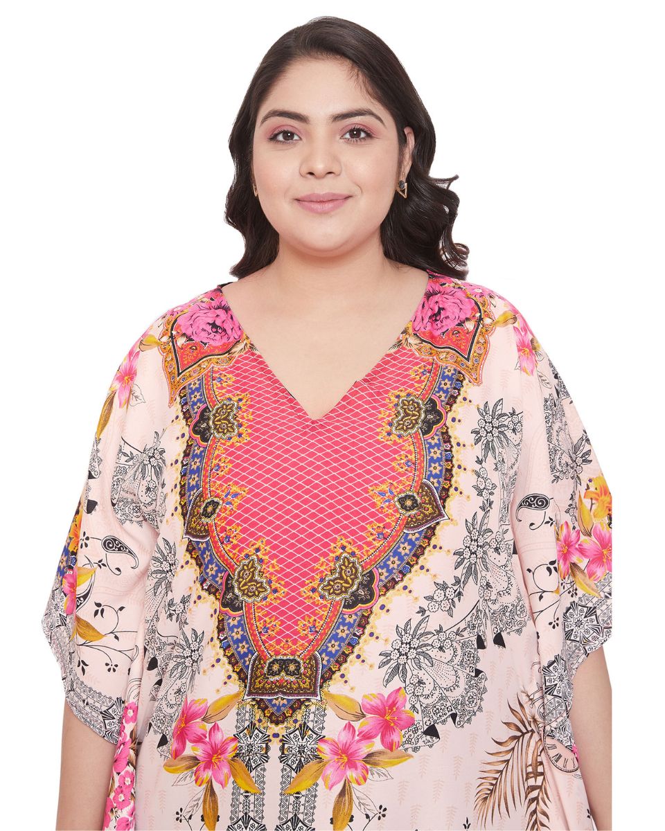 Floral Printed Pink Polyester Plus Size Kaftan Dress For Women