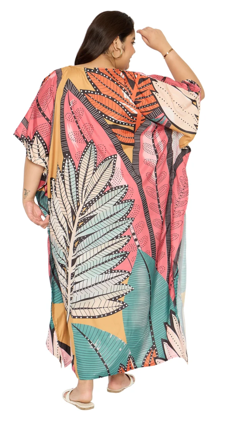GypsieBlu Multicolor Polyester Plus Size Kaftan for Women Kimono Sleeve 1X-3X - Dotted Palm Leaf Colorblock Print