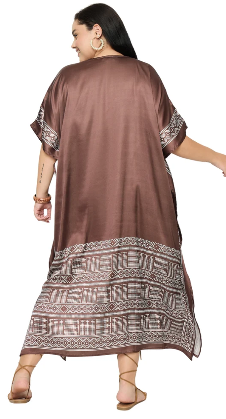 Brown Tribal Satin Plus Size Kaftan Dress for Women 1X-3X | GypsieBlu
