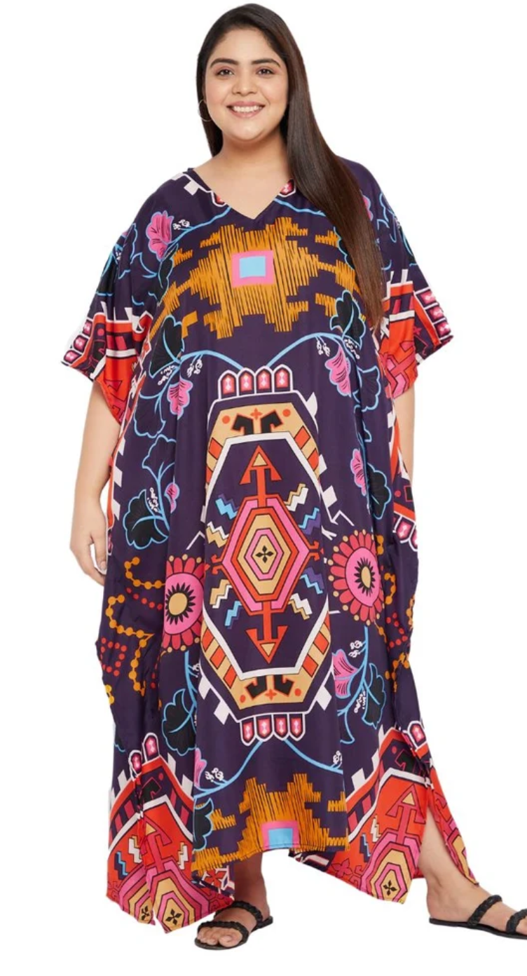 Multicolor Aztec Tribal Medallion Polyester Plus Size Kaftan for Women 1X-3X | GypsieBlu