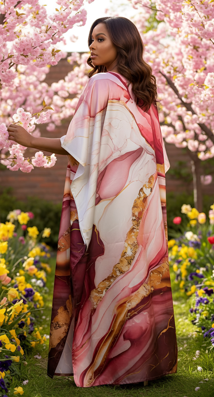 Textured Print Pink V Neck Kaftan Dress for Women Plus Size