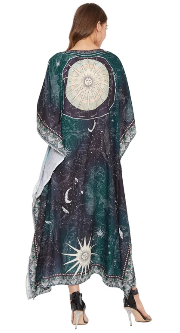 Pine Green Zodiac Polyester Plus Size Kaftan Dress for Women 1X-3X | GypsieBlu
