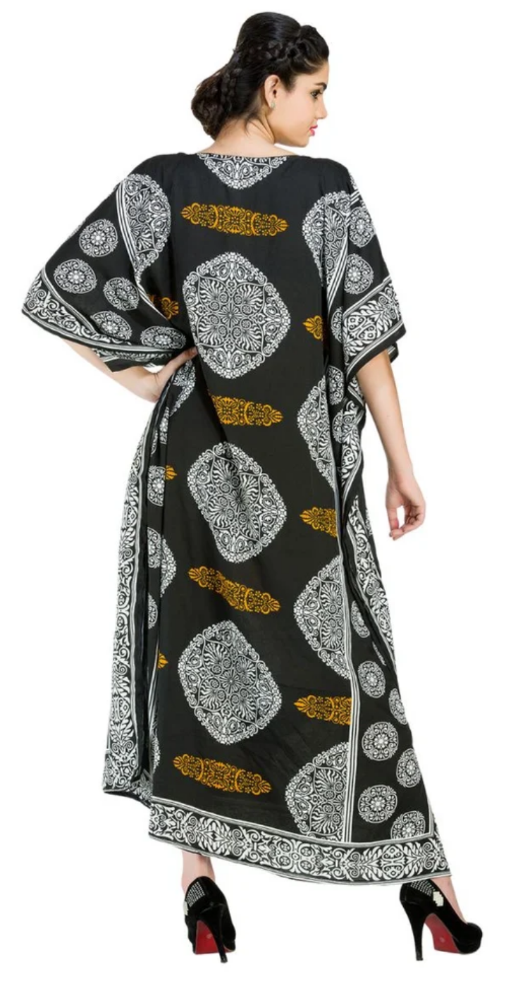 White Medallion Circle Polyester Plus Size Kaftan for Women 1X-3X | GypsieBlu